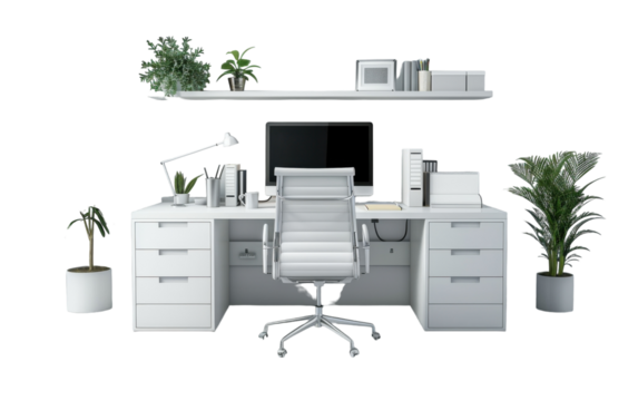 A white desk with a computer, chair, and plants in a home office