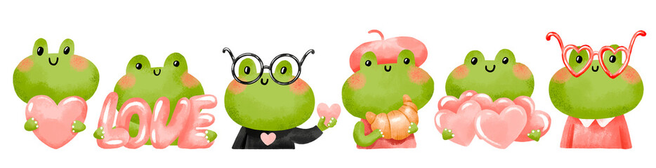 Set of frogs with hearts, frogs in love. Cartoon character. Hand drawn stickers for Valentine's Day. Romantic illustration