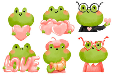 A set of frogs with hearts, frogs in love, a French frog with a red face and a frog with glasses. Cartoon character. Hand drawn stickers for Valentine's Day. Romantic illustration
