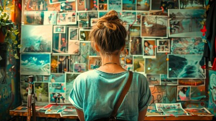Fototapeta premium A woman stands before a wall of framed photographs, her back to the camera, lost in contemplation. She is surrounded by memories and stories.