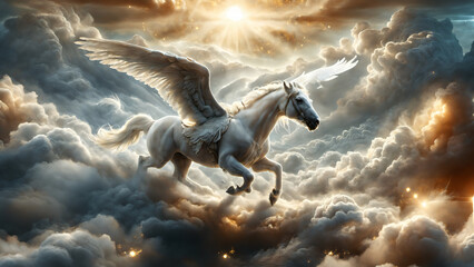 Pegasus flying in the sky. The legendary creature in Greek mythology.
