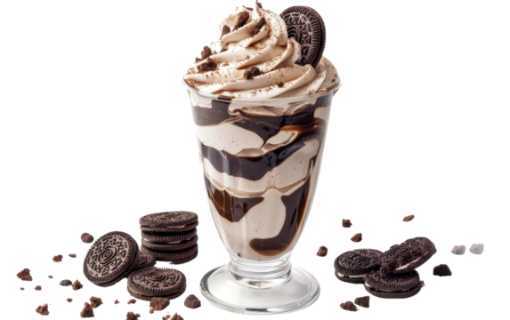 A decadent chocolate milkshake with whipped cream and cookies