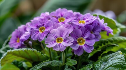 Obraz premium A bunch of purple flowers with yellow centers. The flowers are in a pot and are surrounded by green leaves. Concept of freshness and natural beauty