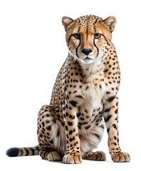 A majestic cheetah sits alertly, its gaze fixed forward, isolated on a white background. Perfect for wildlife documentaries, educational materials, or designs promoting speed and agility.