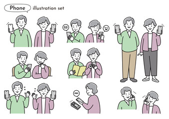 スマホを使用する高齢者の男女　夫婦イラスト　表情　家族 　日本人　シニア夫婦　おしゃれ　シンプル　かわいい	スマートフォン　セット