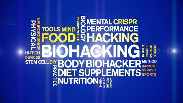 Biohacking animated word cloud;text design animation tag kinetic typography seamless loop.