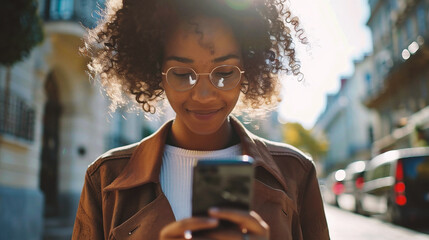 Young african american woman using mobile phone in the city