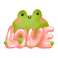 The frog gives the inscription love. Animal love. Cartoon character. Hand-drawn stickers for Valentine's Day. Romantic illustration
