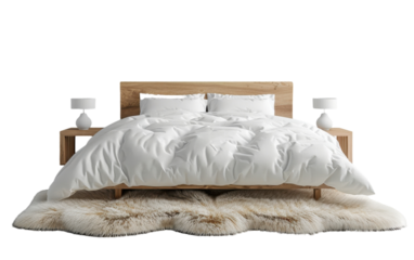 A perfectly made bed with fluffy white bedding and a wooden headboard