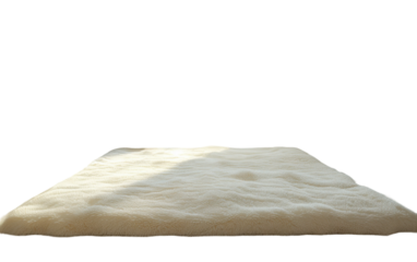 A soft white fur rug lays flat, catching the warm glow of the sun