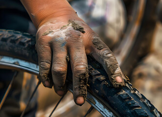 Crop dirty hand of kid on bicycle tire