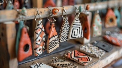 Close-up of artisan handcrafted clay earrings in unique shapes and patterns.