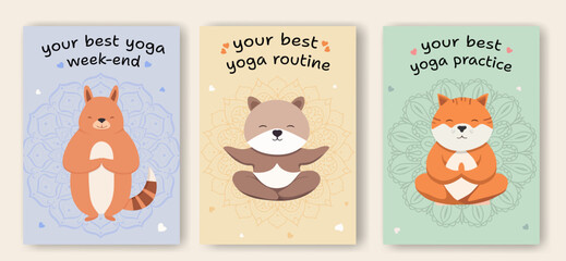 Yoga postcards with cute animal characters. Cartoon animals doing yoga and meditation in lotus pose and tree pose. Inspirational illustration for good mood.