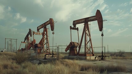 Three oil pumpjacks in an empty rural landscape setting