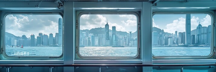 Cityscape view from train window shows Hong Kong skyline with tall skyscrapers, modern and old architecture mix, panoramic city view, clouds in soft light, perfect for travel agency and tours.