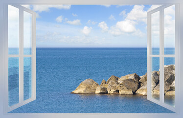 Looking out an open window onto a serene sea with calm waters stretching endlessly to the horizon. A peaceful scene where you feel a deep sense of freedom and promise of escape.