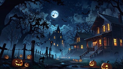 
Halloween theme banner background, with illustrations of a bright moon, haunted house, dark forest and pumpkin decorations