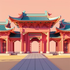 Obraz premium Chinese temple line pattern flat design front view with architectural theme 3D render Complementary Color Scheme