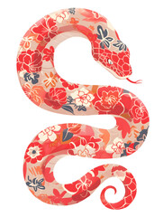 Beautiful bohemian chic snake illustration. Red snake with floral pattern skin. Isolated clipart, artistic design element. Chinese New Year 2025