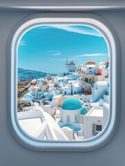 Fototapeta premium Coastal town viewed from airplane window with white buildings blue roofs dome-shaped landmark windmill azure sky perfect travel destination island Santorini Greece tourism vacation getaway