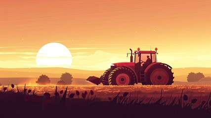 Fototapeta premium Vector art of a tractor driving in a large agricultural field at sunset. Flat illustration captures agriculture industry and food supply concepts, with copy space.
