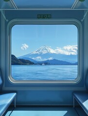 Naklejka premium Train travels through countryside, mountain range with snow-capped peak, tranquil water body, reflecting landscape. Soothing blue train matches clear blue sky, harmonious blend of comfort and nature.