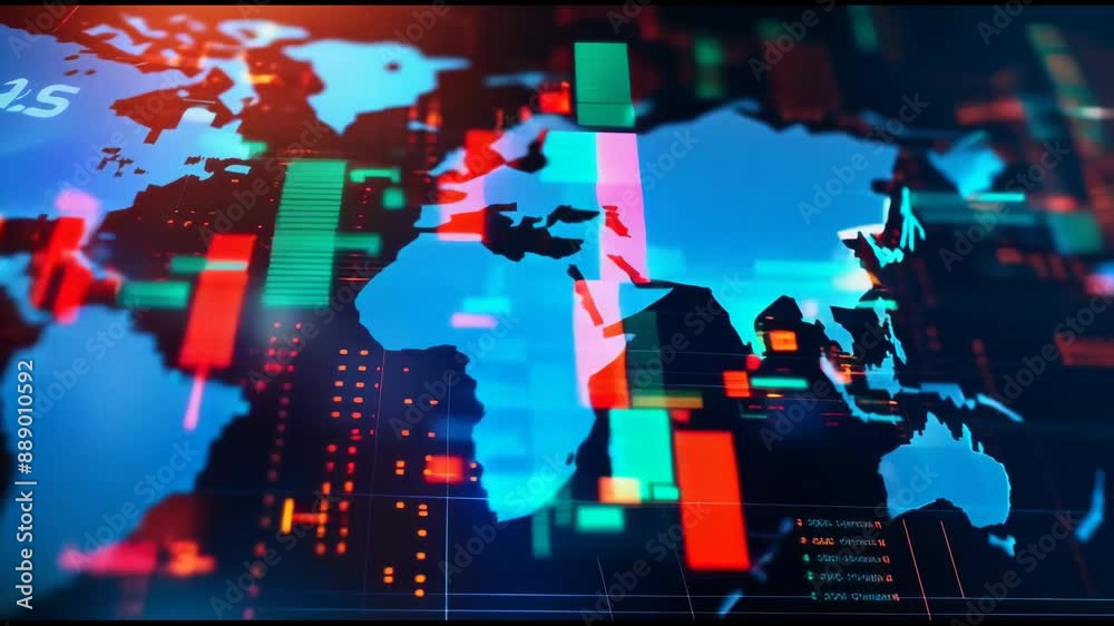 Aufkleber the camera moves through 3d space with a world map and stock market indexes. digital animation of st