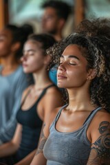 Obraz premium Diverse Group of Young Adults Meditating Together in a Peaceful Indoor Setting