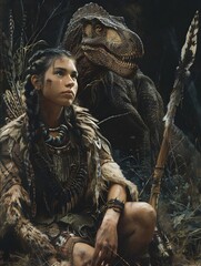 Tribal Warrior Facing Dinosaur in Moody Fantasy Portrait