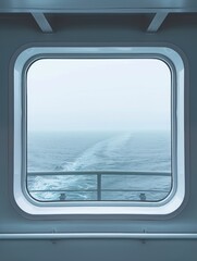 Calm ocean view from ferry window with blue water stretching to horizon. Modern ship interior perfect for travel agency or tour. Relaxing boat ride offers stunning ocean wave views.