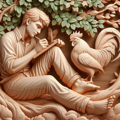 The image showcases a meticulously crafted wood carving depicting a young man seated beneath a tree, engrossed in writing in a notebook. Beside him, a rooster stands perched on a branch, adding a touc