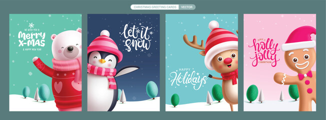 Christmas characters greeting card vector poster set. Character polar  bear, penguin, reindeer and ginger bread christmas cards collection for seasons greeting design. Vector illustration holiday  © AmazeinDesign