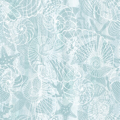 Sea. Art seamless pattern on the marine theme with underwater plants,starfish and seashells on blue watercolor background. Vector. Perfect for design templates, wallpaper, wrapping, fabric, print and 