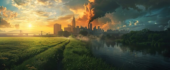Stunning sunset over a contrasting landscape with a bustling cityscape and serene green field. Smoke billows from urban factories, highlighting the environmental impact