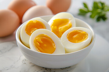 Hard boiled eggs being cut half with the yolk exposed. Generative AI