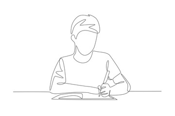 A boy who focuses on doing his homework. Homework concept one-line drawing