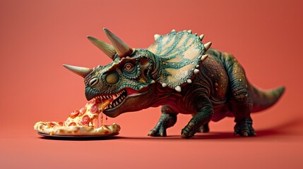 Fototapeta premium Surreal Triceratops Feasting on Pizza on Vibrant Background in Studio Lighting