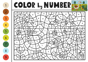 Color by number activity page for kids with a cute mother goose and a gosling. Farm animal scene puzzle game for school and preschool. Vector illustration