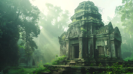Ancient Temple Ruins in Misty Jungle
