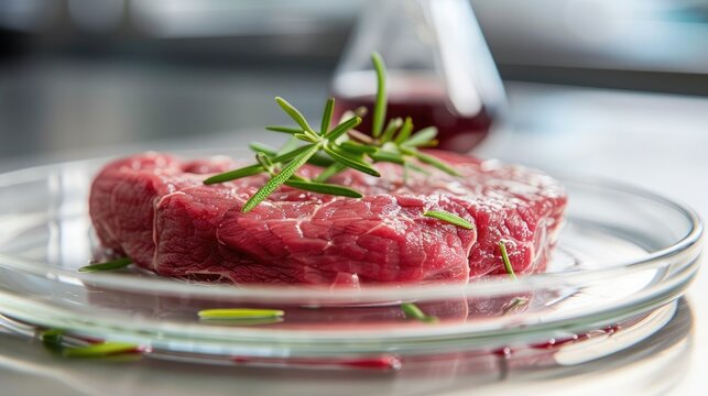 Close-up of lab-grown meat on a glass dish, showcasing sustainable food production