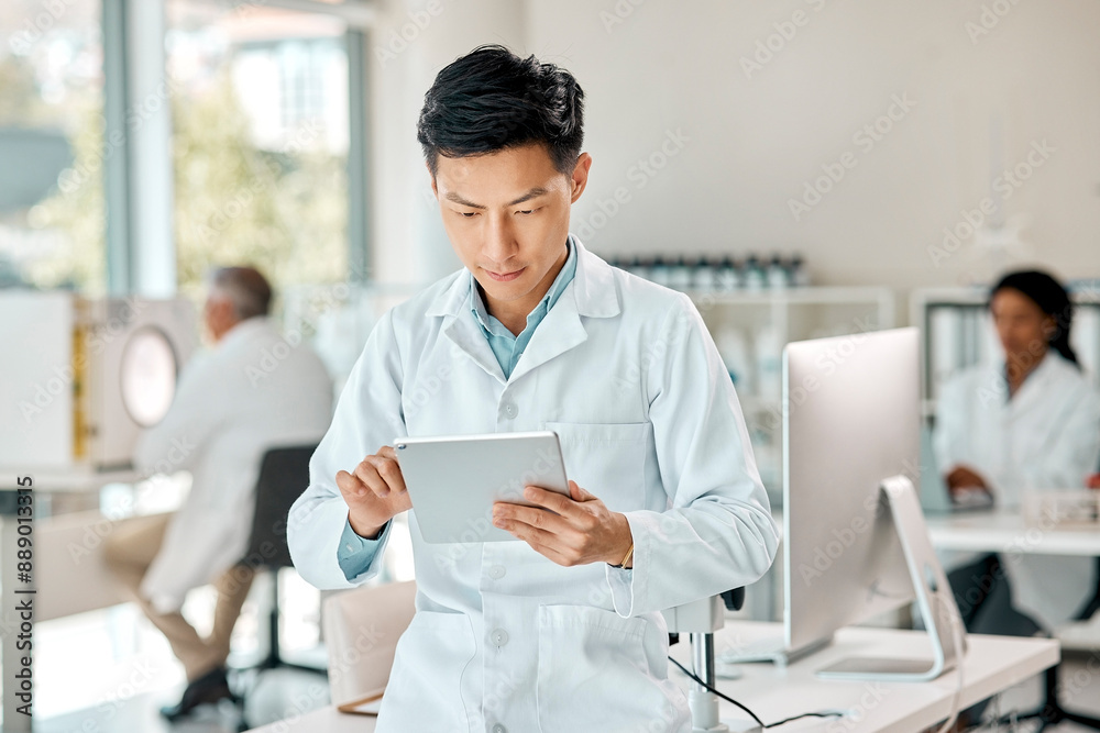 Poster science, man and internet with tablet in laboratory to monitor experiment, scientific analysis and m