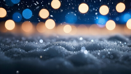 Obraz premium Christmas and winter holidays background. Glowing defocused glitter texture with blue bokeh lights and snow