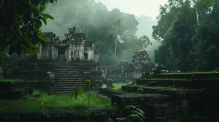 Obraz premium Ancient Temple Ruins in Misty Jungle 