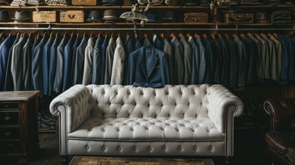 Obraz premium Elegant white sofa in a room filled with men's suit jackets on wooden racks