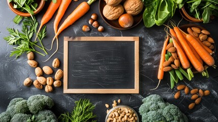 Eye-healthy foods like carrots, nuts, and greens, arranged with a blackboard for text