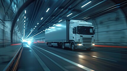 Fast-moving white semi-truck in a tunnel, emphasizing speed and transportation