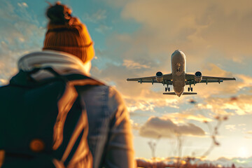 A traveler looks at a plane flying close