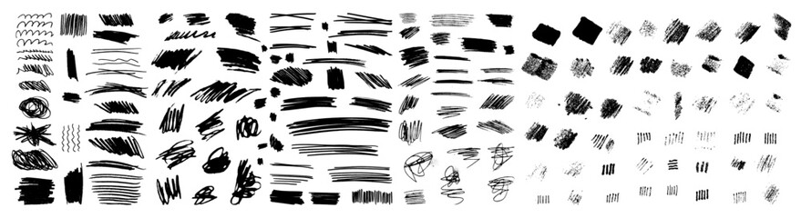 Vector set of grungy graphic elements. Street art texture hand drawn pencil underlines and strikethrough, scribble emphasis lines, punk hatches, ovals and crosses. Each element is united and isolated