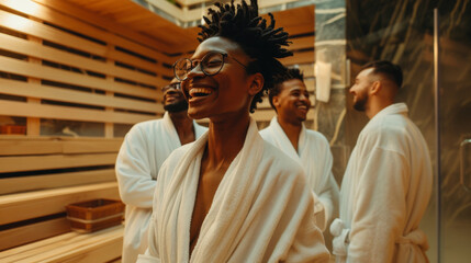 Obraz premium African American people in bathrobes, smiling and talking together, enjoying a spa day in sauna. sense of relaxation and wellness. Wellness, Leisure, Diversity
