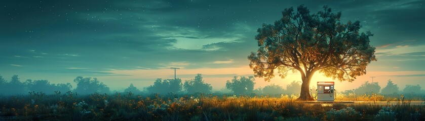 Obraz premium A solitary tree with a wooden bench under it, bathed in the golden glow of the setting sun in a serene meadow landscape.